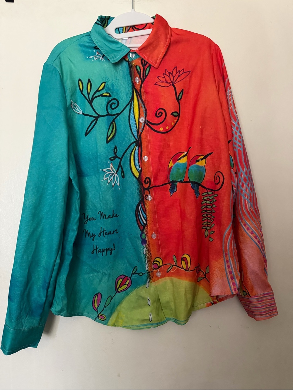 Colorful Wearable Art Bird & Floral Button Front Blouse Size L Boho Art Shirt - Picture 2 of 6